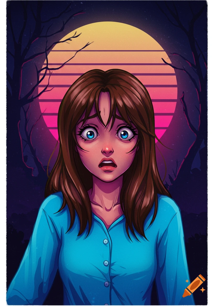 Scared anime woman in blue pajamas with wide eyes against an 80s horror background with a stylized moon and bare trees.