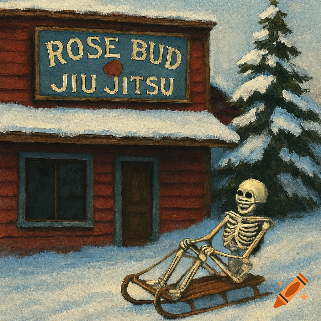 A skeleton on a sled in snow outside a 'ROSE BUD JIU JITSU' academy with a pine tree, in a painted style.