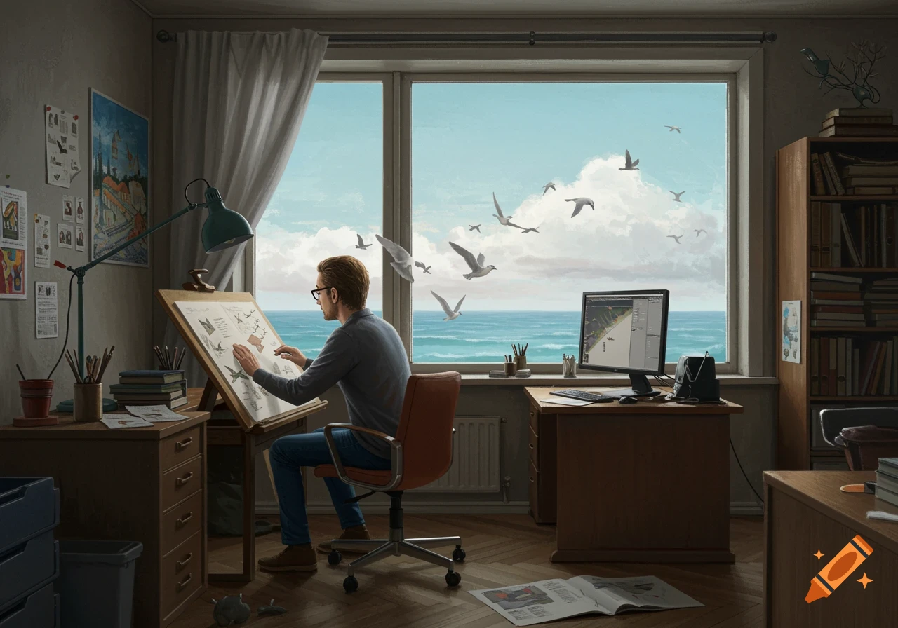 A man in an office overlooking the sea draws birds on a slanted desk, with papers and a computer nearby.