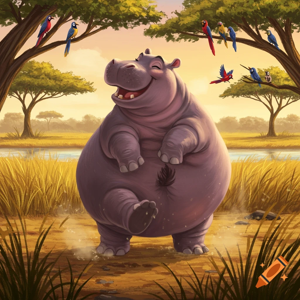 A happy cartoon hippo with a wide smile dances in a savanna with trees and birds under a sunset sky.