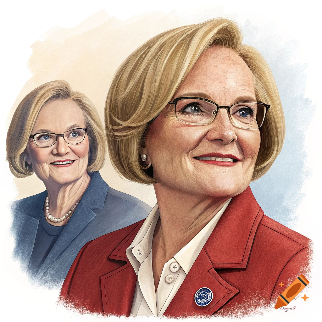 An illustrated portrait of Claire McCaskill, with a second, smaller portrait behind her.