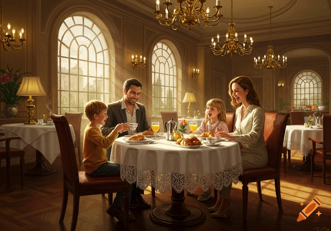 A photorealistic image of a family enjoying breakfast in a grand hotel restaurant with large arched windows.