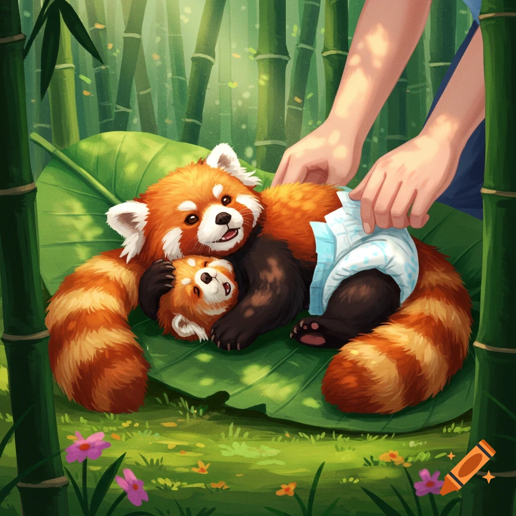Human hands change a diaper on a baby red panda as another red panda watches in a lush bamboo forest.