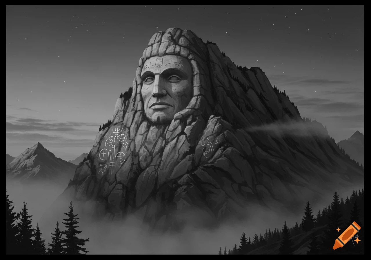 A grayscale image of a large mountain with a wise face carved into its peak. Tribal symbols are etched into the rock, with mist around the base and pine trees below, under a star-filled sky.