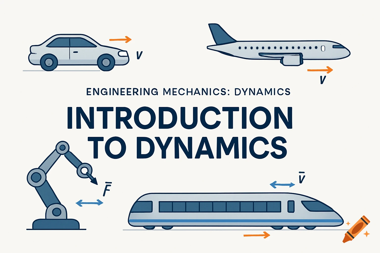 Illustration of engineering mechanics dynamics with car, airplane, train, and robotic arm with velocity and force arrows.