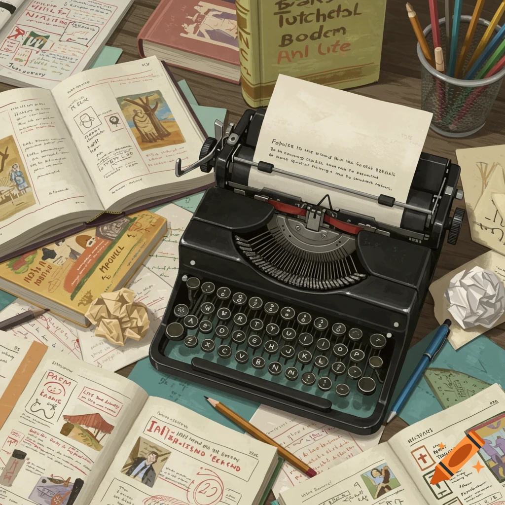 An overhead view of a desk covered in homework supplies, including open books, crumpled paper, pencils in a holder, and a vintage typewriter with a sheet of paper.