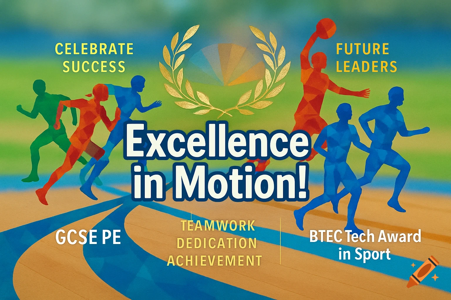 Colorful silhouettes of athletes on a blurred sports background with text "Excellence in Motion!", "GCSE PE", and "BTEC Tech Award in Sport".