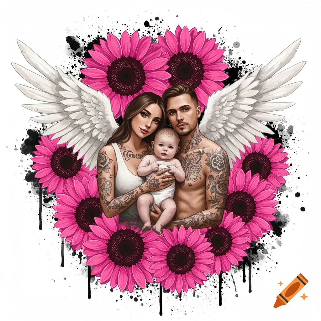Digital art of a man and woman with tattoos and white angel wings holding a baby, surrounded by bold neon pink sunflowers and black paint splatters on a white background.