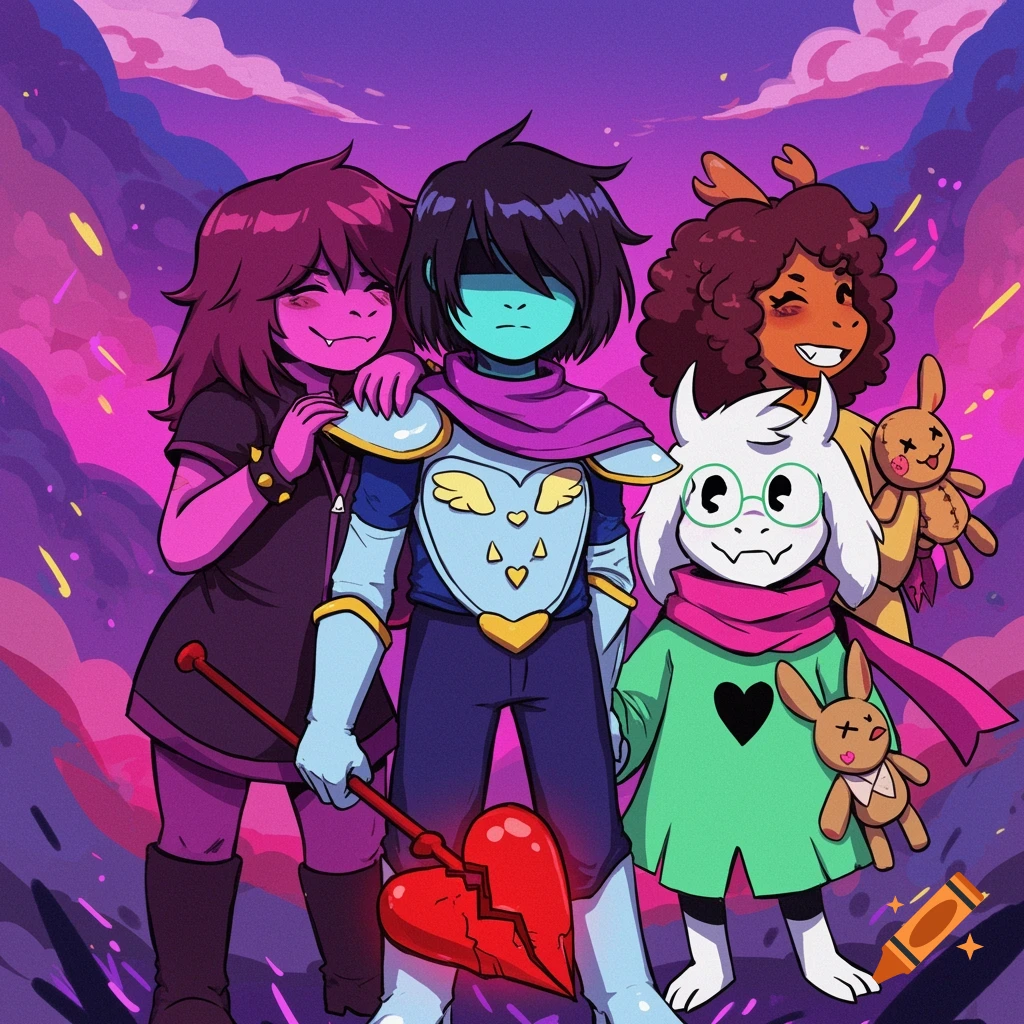 Four colorful cartoon characters from Deltarune stand together against a vibrant purple and pink sky.