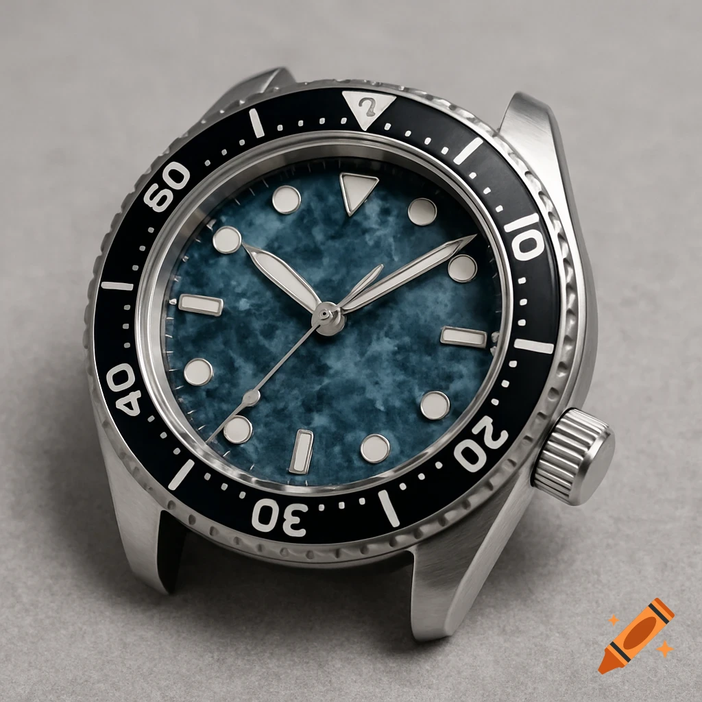 Close-up of a silver watch case with a black bezel, teal marble-patterned dial, and silver hands on a gray surface.