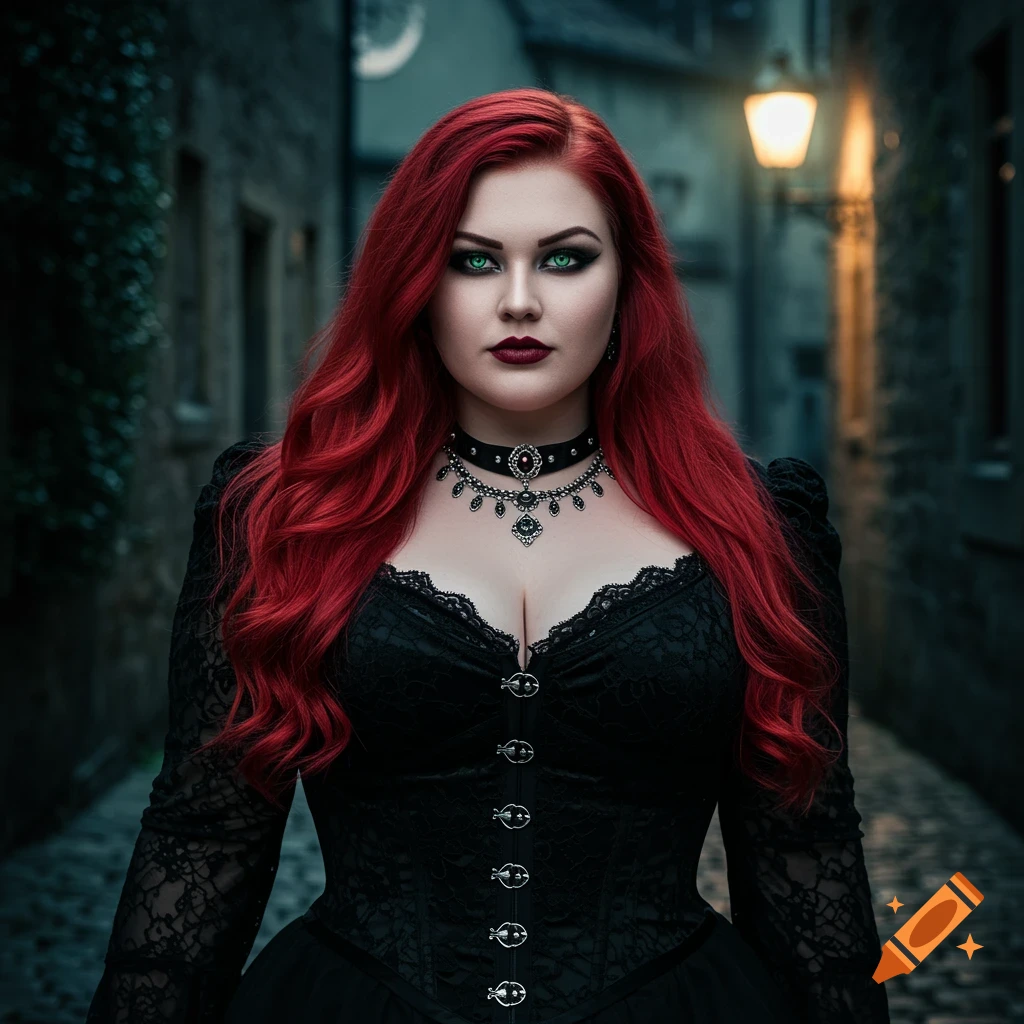 Photorealistic portrait of a goth woman with long red hair, green eyes, and dark lipstick, wearing a black lace corset and choker in a dark alley with a street lamp.