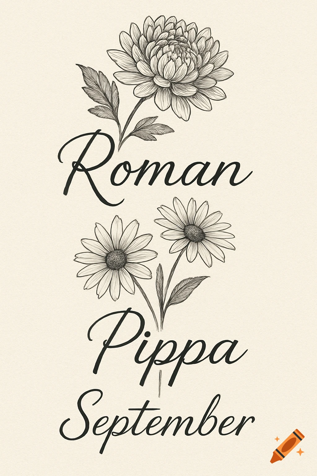 Detailed line drawing featuring a chrysanthemum, two daisies, and the script names 'Roman', 'Pippa', and 'September' on a light background.