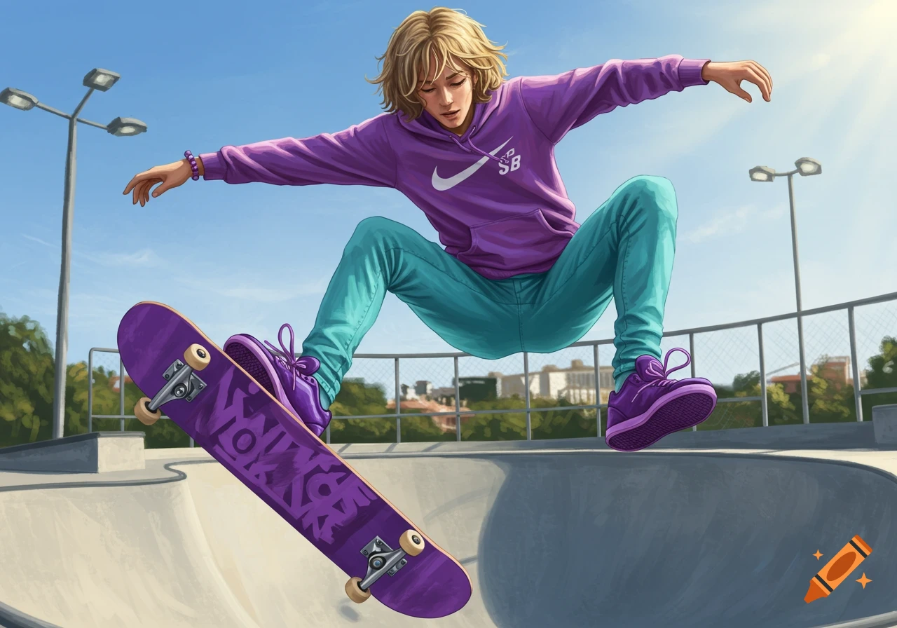 A stylized illustration of a young, blonde skateboarder in a purple hoodie and turquoise jeans performing a trick in a skate park.