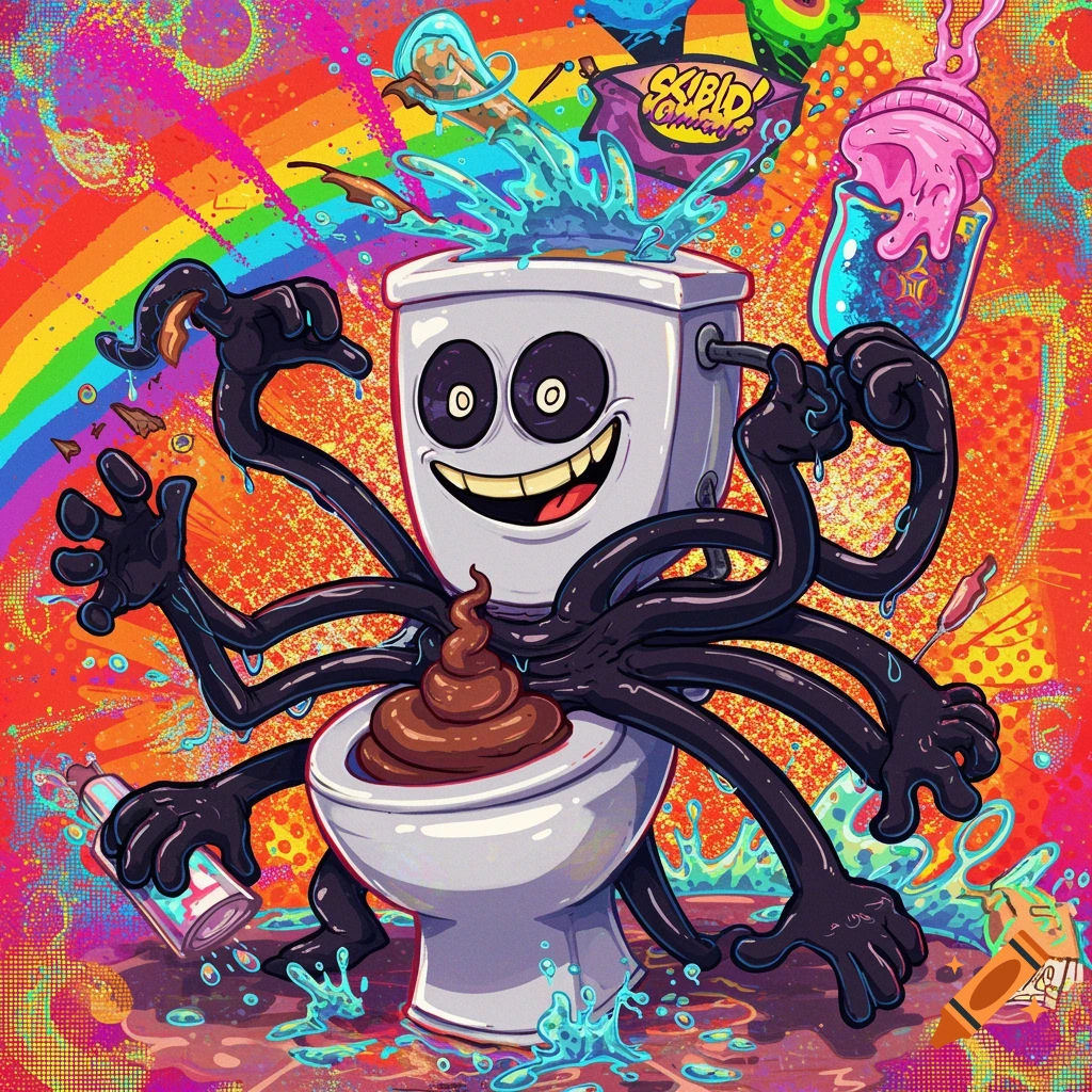 A vibrant, psychedelic cartoon shows a smiling toilet with black tentacle arms, poop, and colorful splashes against a rainbow background.