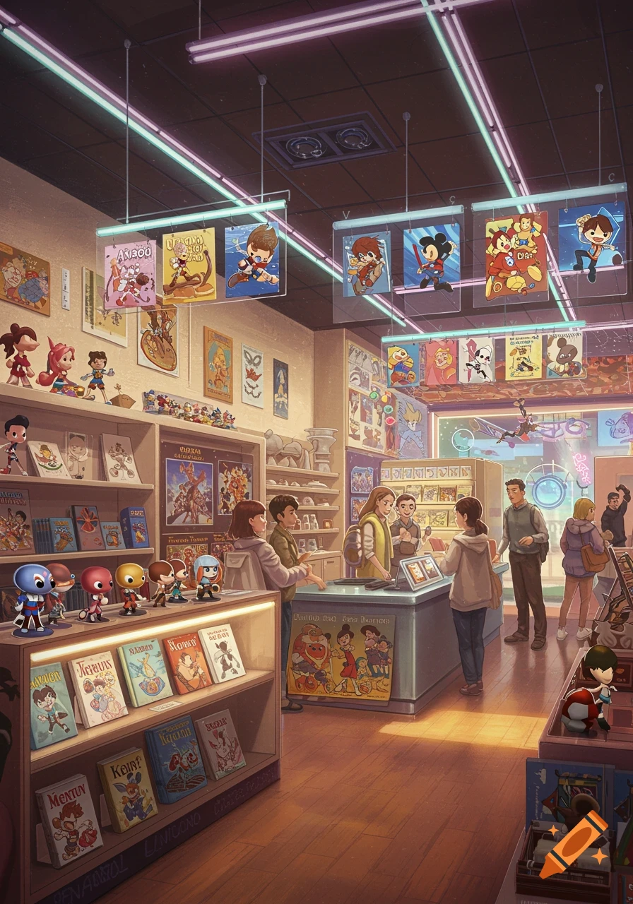 A vibrant cartoon style illustration of the interior of an animation or comic book store, with customers browsing shelves of books and figures.