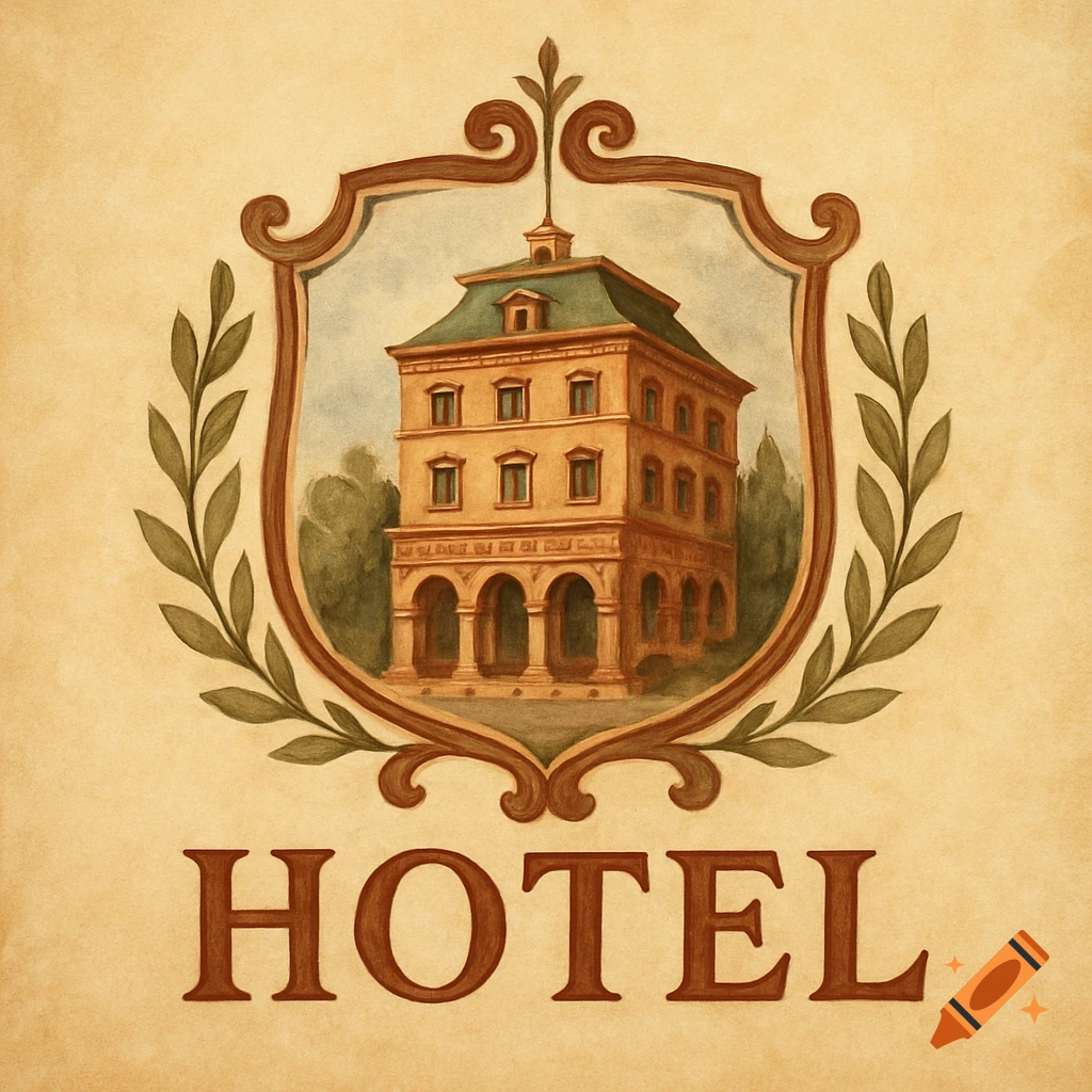 A vintage-style hotel logo with a brown building inside a decorative shield, framed by green leaves, and the word HOTEL below.