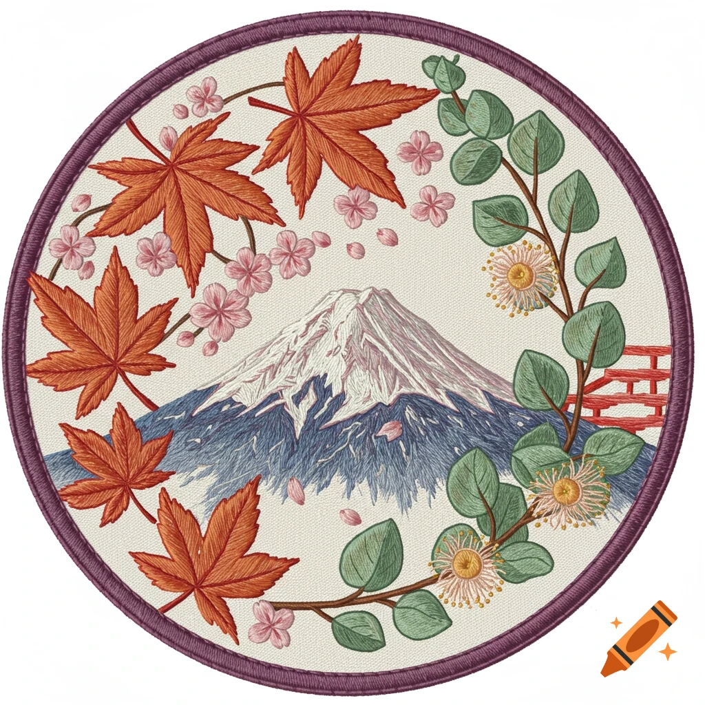 Circular embroidery patch featuring Mount Fuji, orange maple leaves, pink cherry blossoms, and green eucalyptus branches.