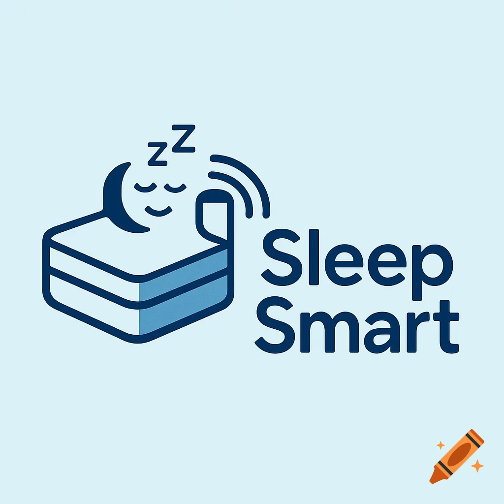 A blue and white Sleep Smart logo featuring a stylized mattress, a crescent moon with Zz symbols, and a phone with wireless signals.