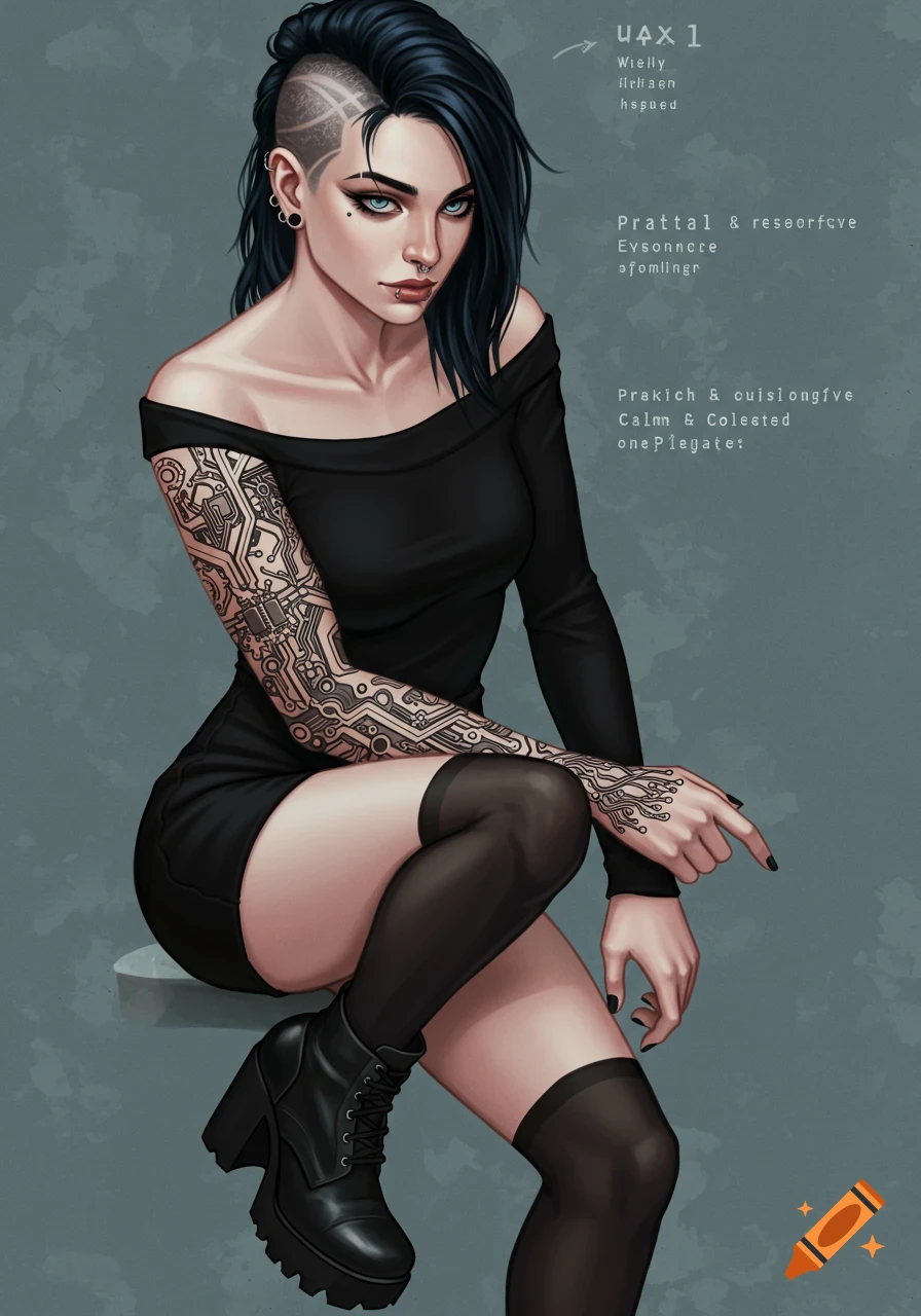 An illustration of a woman with an undercut, piercings, and a circuit board arm tattoo, wearing a black mini dress and boots.