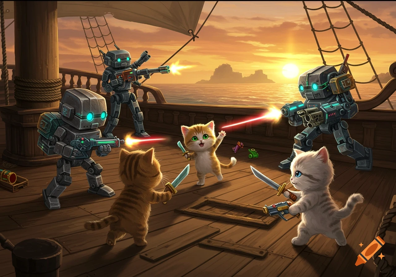 Cute illustrated cats with swords battling laser-shooting robots on a pirate ship at sunset.