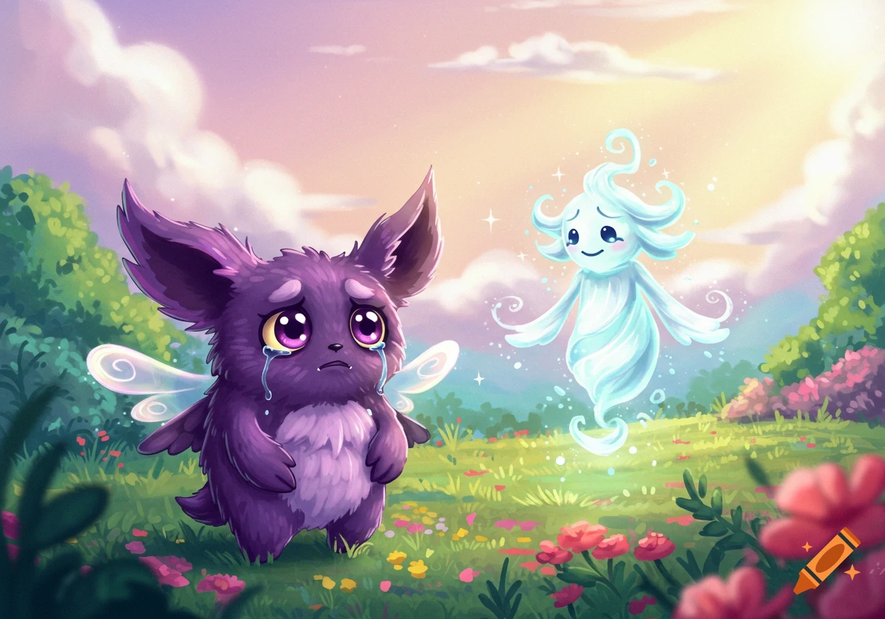 A crying purple monster with wings stands in a flowery field next to a smiling, floating blue ghost-like creature under a colorful sky.