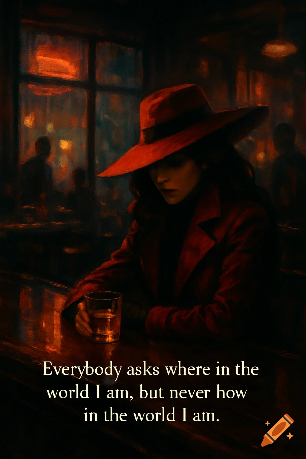 A woman in a red hat and coat sits at a dark bar with a drink, looking down sadly. Painterly style. Text reads: "Everybody asks where in the world I am, but never how in the world I am."