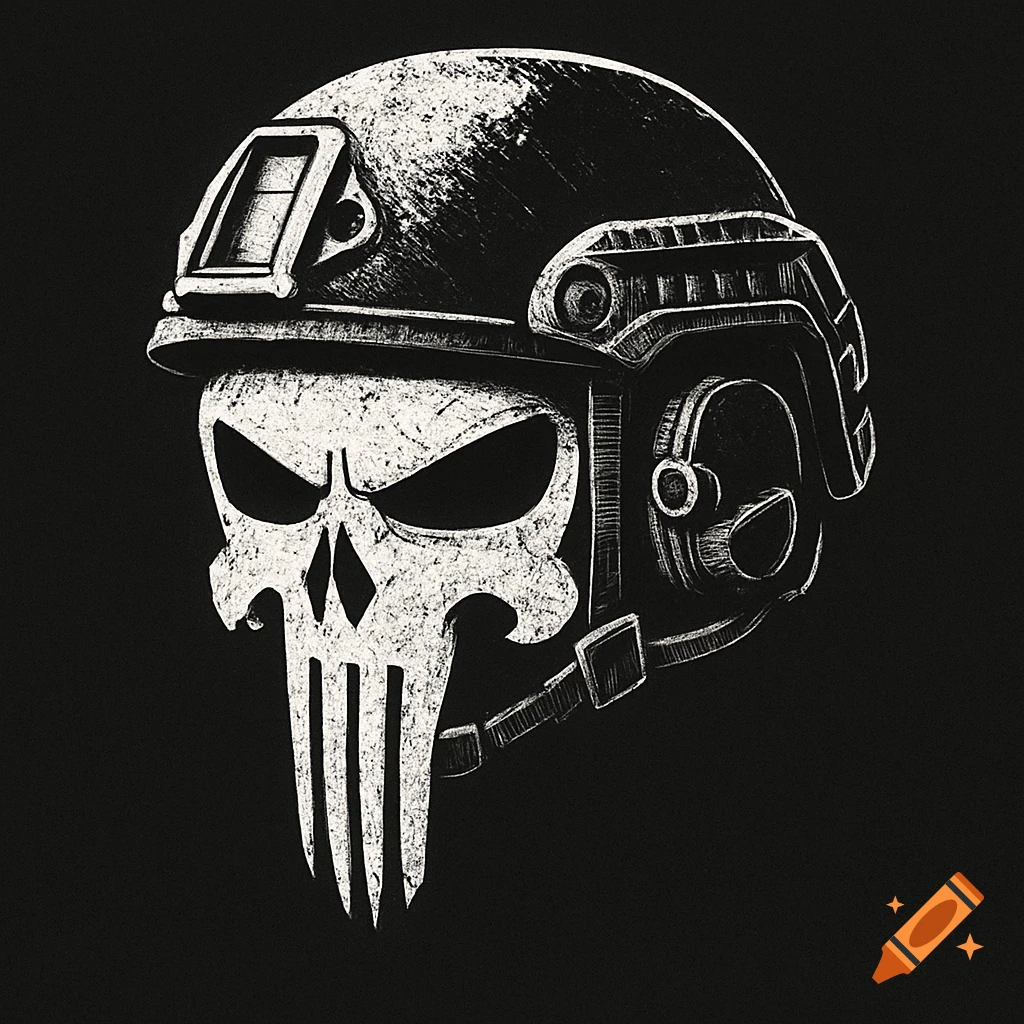 A stylized black and white illustration depicting the Punisher skull logo integrated into a tactical military helmet.