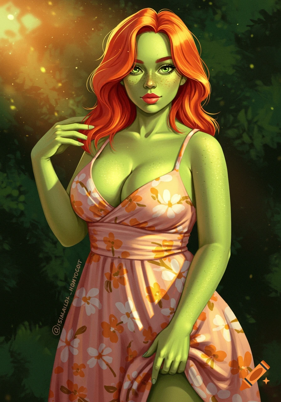 A stylized illustration of a red-haired woman with green skin wearing a floral sundress, posing in sunlight amidst green foliage.
