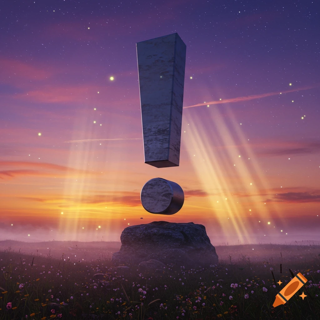 A massive, textured exclamation mark floats above a rocky hill in a field of wildflowers, illuminated by sunbeams under a vibrant sunset sky with stars.