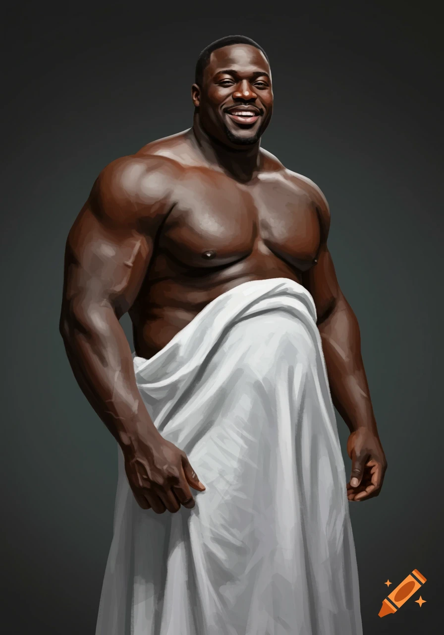 A smiling, muscular black man partially covered by a white sheet, in a digital painting.