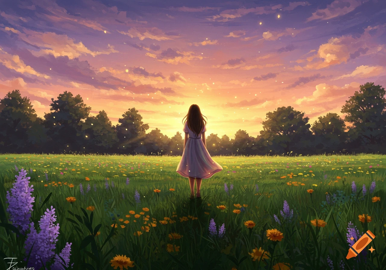 Anime-style illustration of a girl in a blooming meadow at sunset, looking towards the colorful sky.
