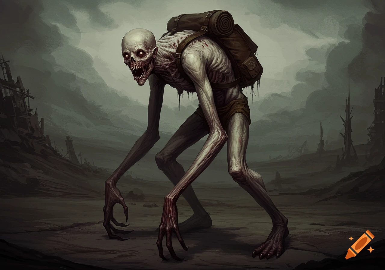 An emaciated, pale creature with glowing red eyes and sharp teeth, wearing a backpack, stands hunched in a desolate, post-apocalyptic landscape under a gloomy sky.