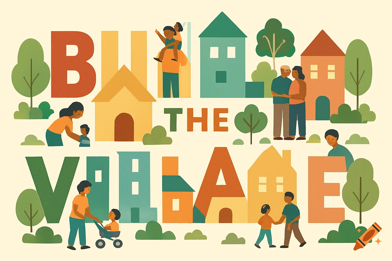Illustration of the words 'BUILD THE VILLAGE' formed by houses, trees, and diverse families interacting in a community setting.