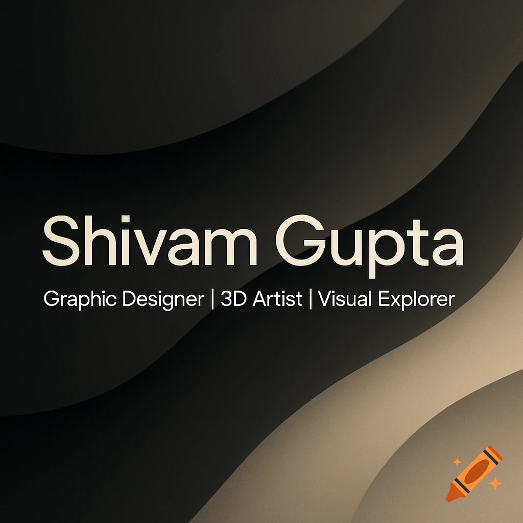 A modern digital banner with abstract black and beige wave-like gradients in the background. White text reads "Shivam Gupta Graphic Designer | 3D Artist | Visual Explorer."