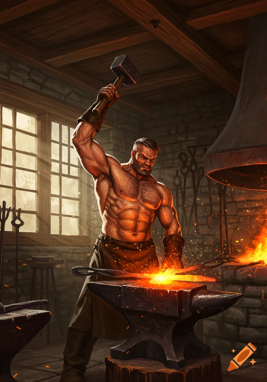 A muscular blacksmith powerfully strikes hot iron on an anvil with a hammer in a detailed fantasy art style.