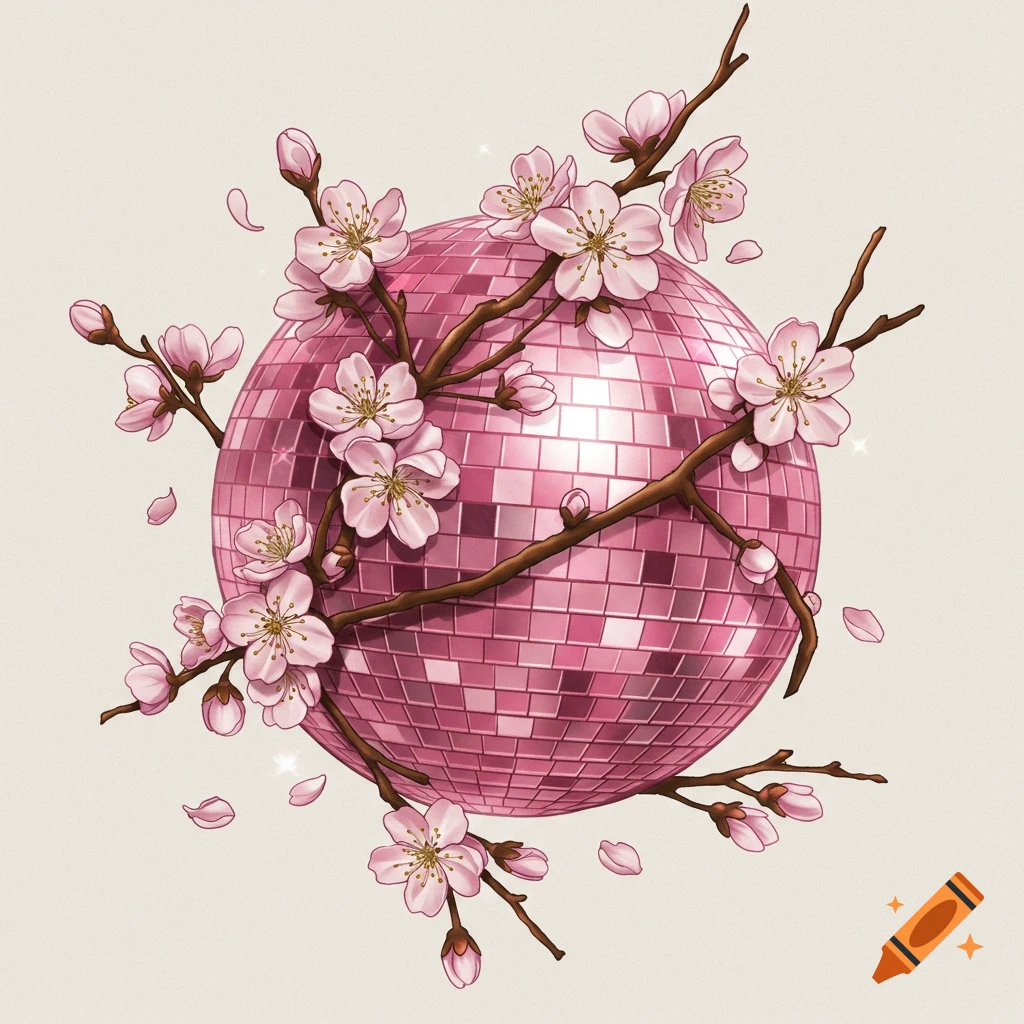 An illustration of a pink disco ball intertwined with blooming cherry blossom branches and falling petals.