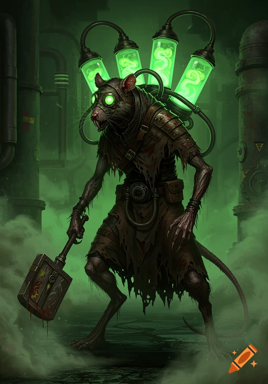 A humanoid rat monster with glowing eyes and a gas mask, carrying a hammer, stands in a green, smoky industrial setting with glowing liquid tanks on its back.
