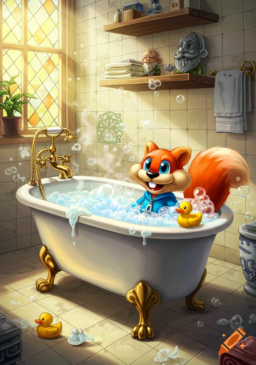 Conker the Squirrel enjoys a bubble bath with rubber ducks in a brightly lit cartoon bathroom.