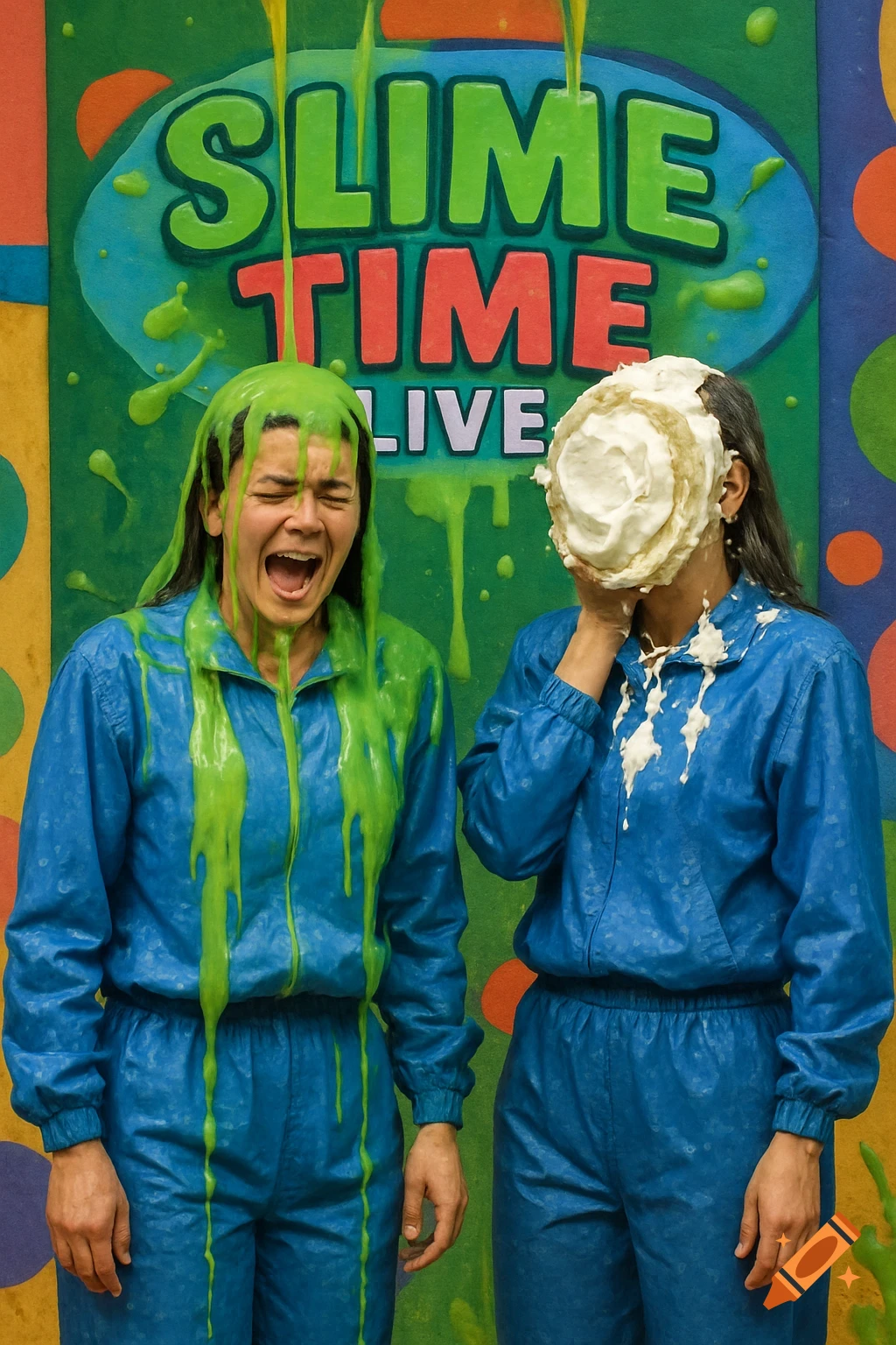 Two people in blue jumpsuits get covered in green slime and pie cream on a 'SLIME TIME LIVE' stage.