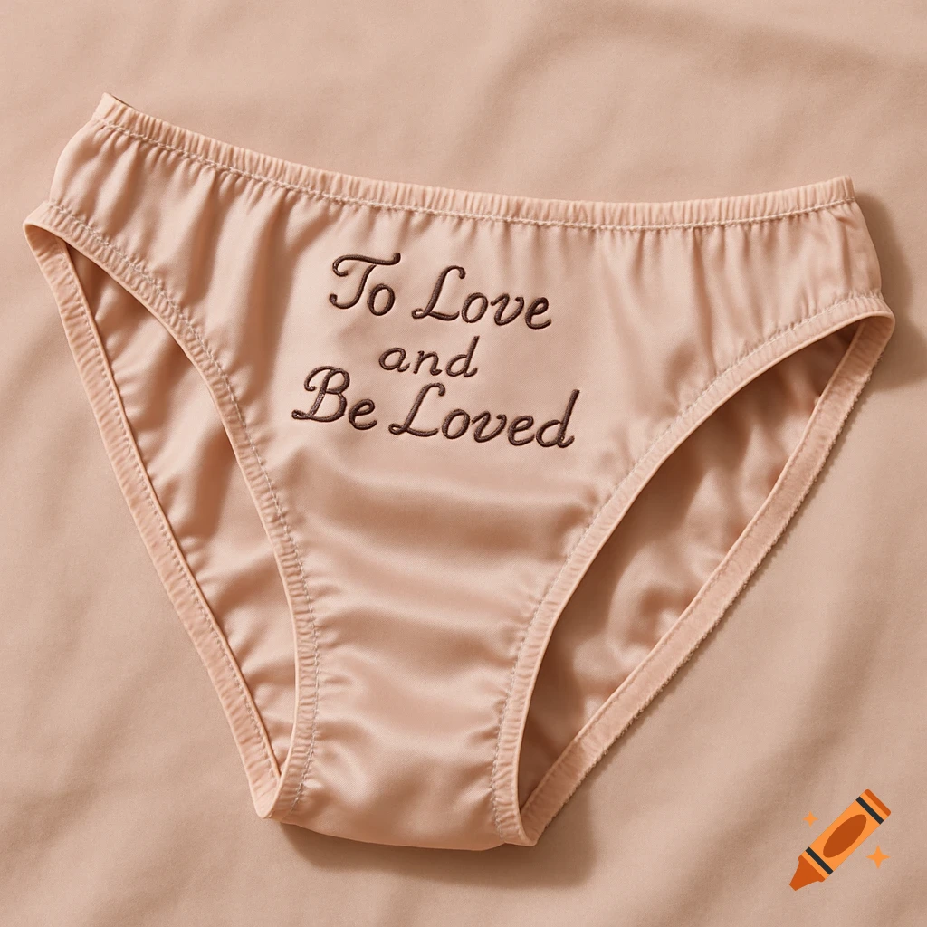 Blush pink satin panties with "To Love and Be Loved" embroidered on the front, laying flat.