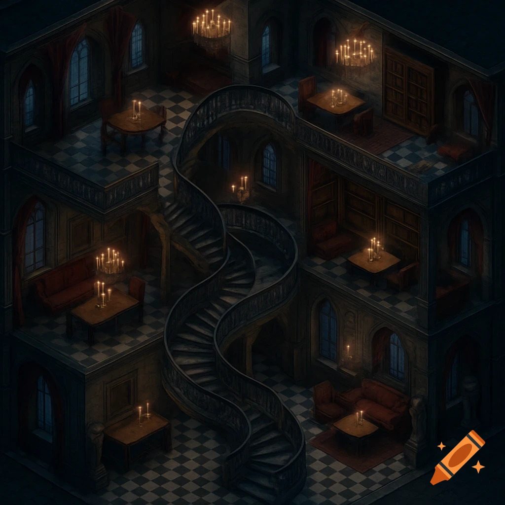 An isometric view of a multi-level gothic manor interior with a grand spiral staircase, lit by numerous candles and chandeliers.