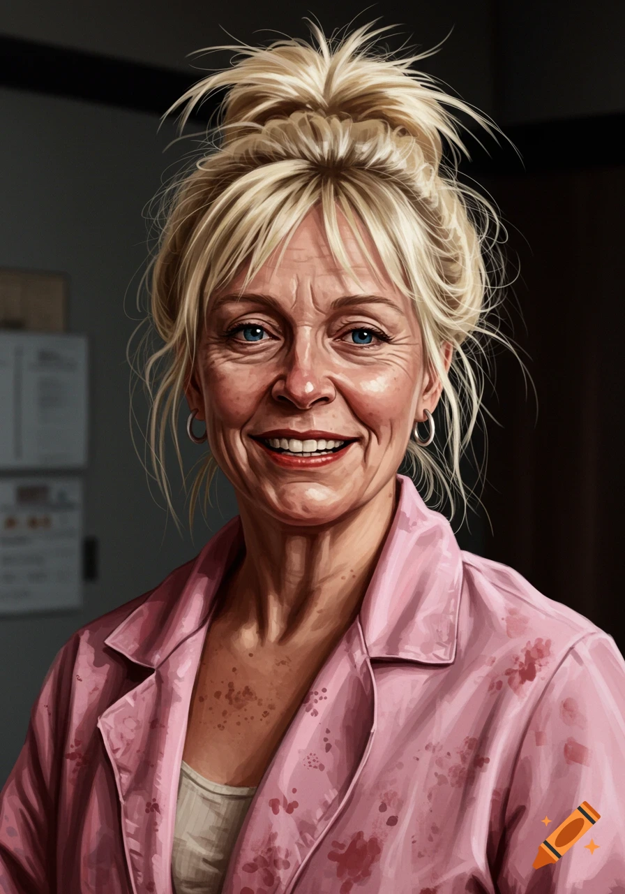 Realistic portrait of a smiling blonde woman with a messy bun, wearing a pink housecoat.