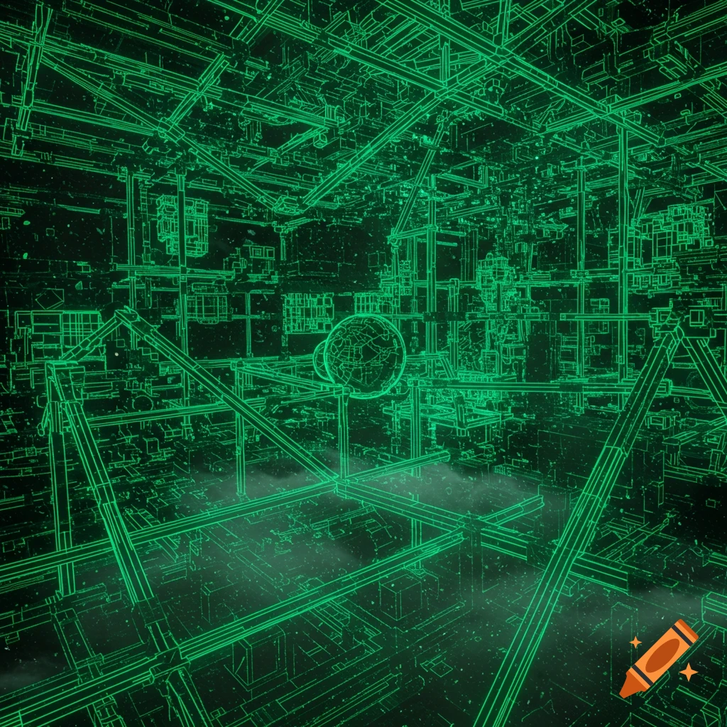 Abstract green wireframe structure with a spherical object in a dark, glowing digital space.