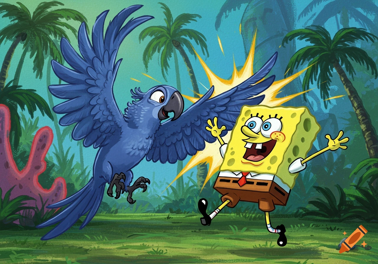 Cartoon illustration of Blu from Rio flying towards a surprised SpongeBob SquarePants in a jungle.