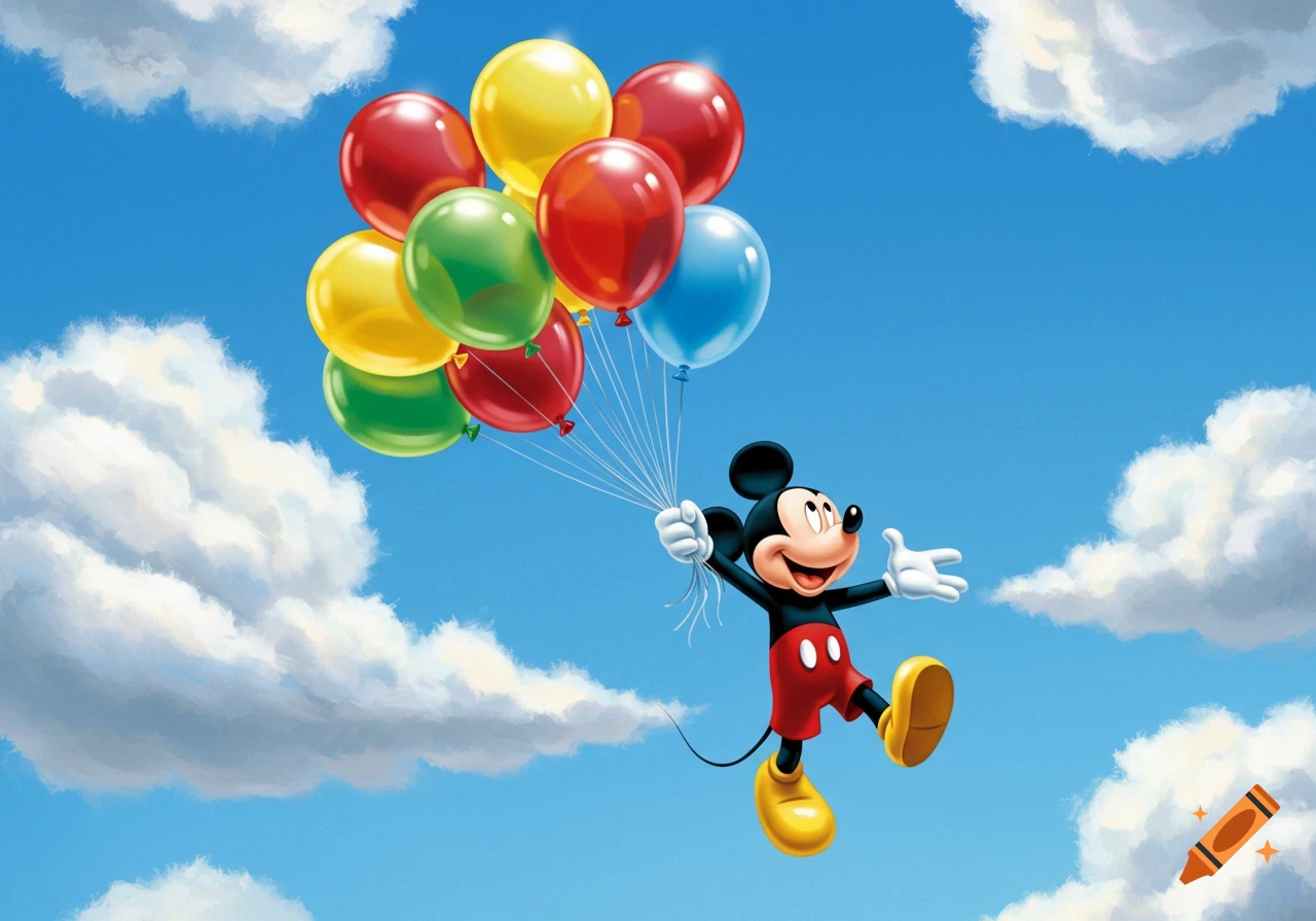 Mickey Mouse flies through a blue sky holding a large bunch of colorful balloons, with white clouds around him.