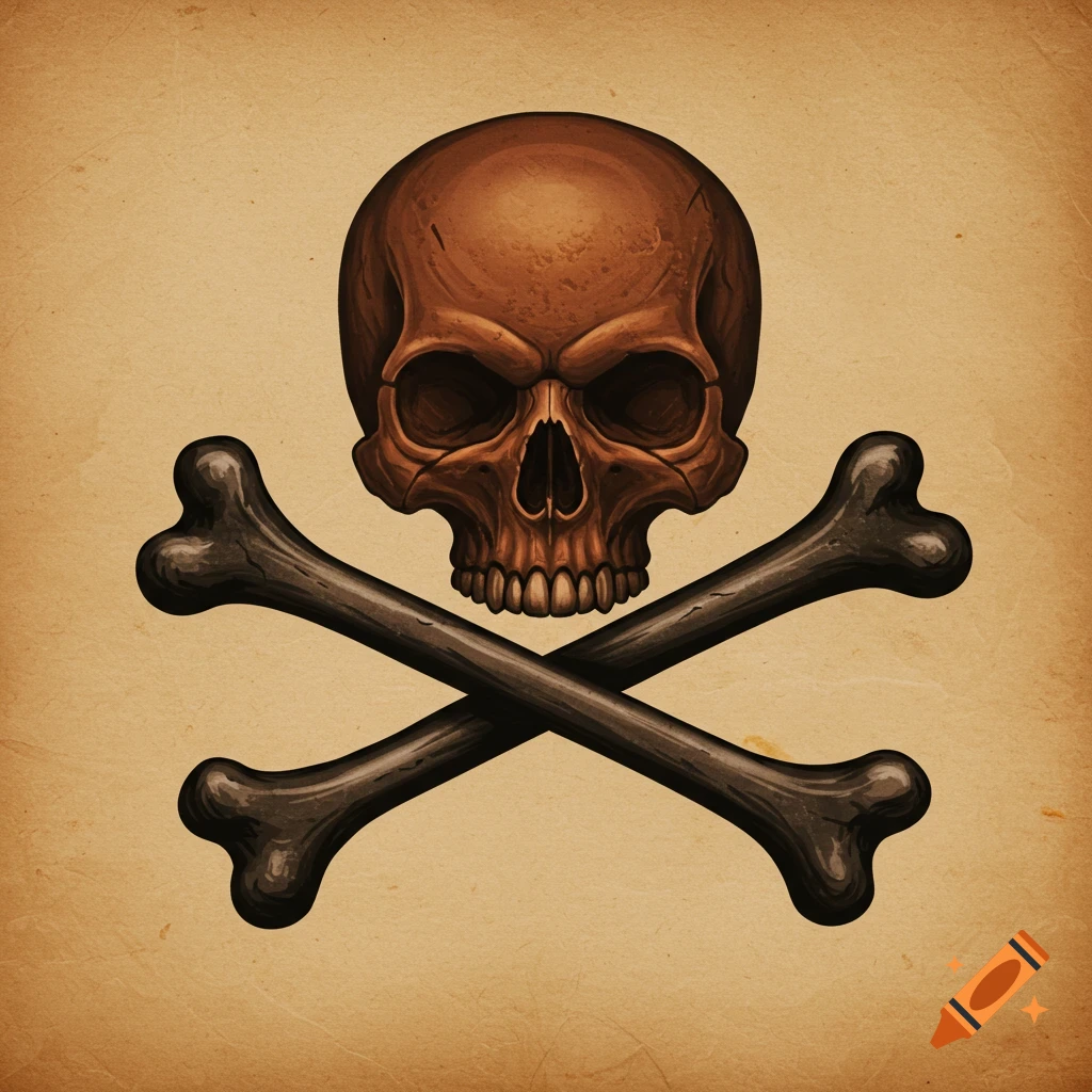 A brown skull sits above two black crossbones on an aged, tan paper background.