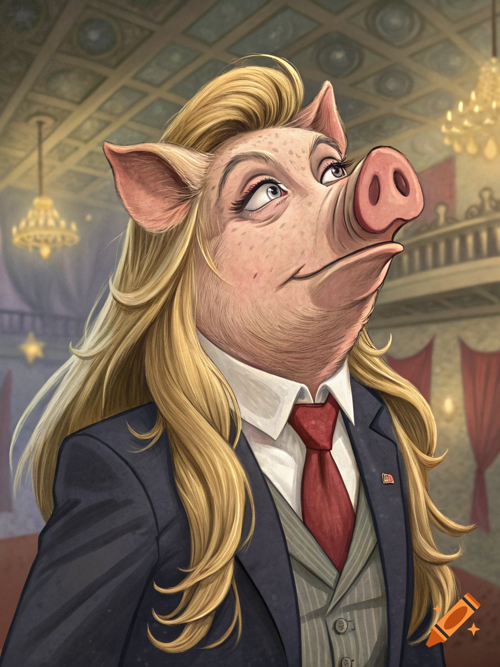 A humanized pig with long blonde hair, wearing a dark suit and red tie, looks upwards in a grand hall.