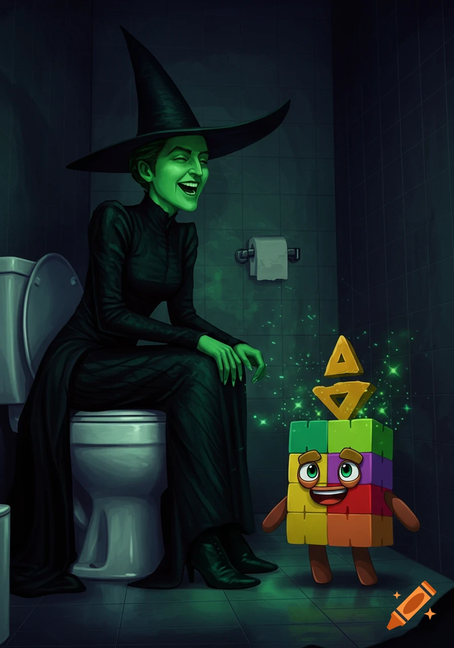The Wicked Witch of the West, with green skin and a black hat, sits laughing on a toilet next to a colorful Numberblock character.