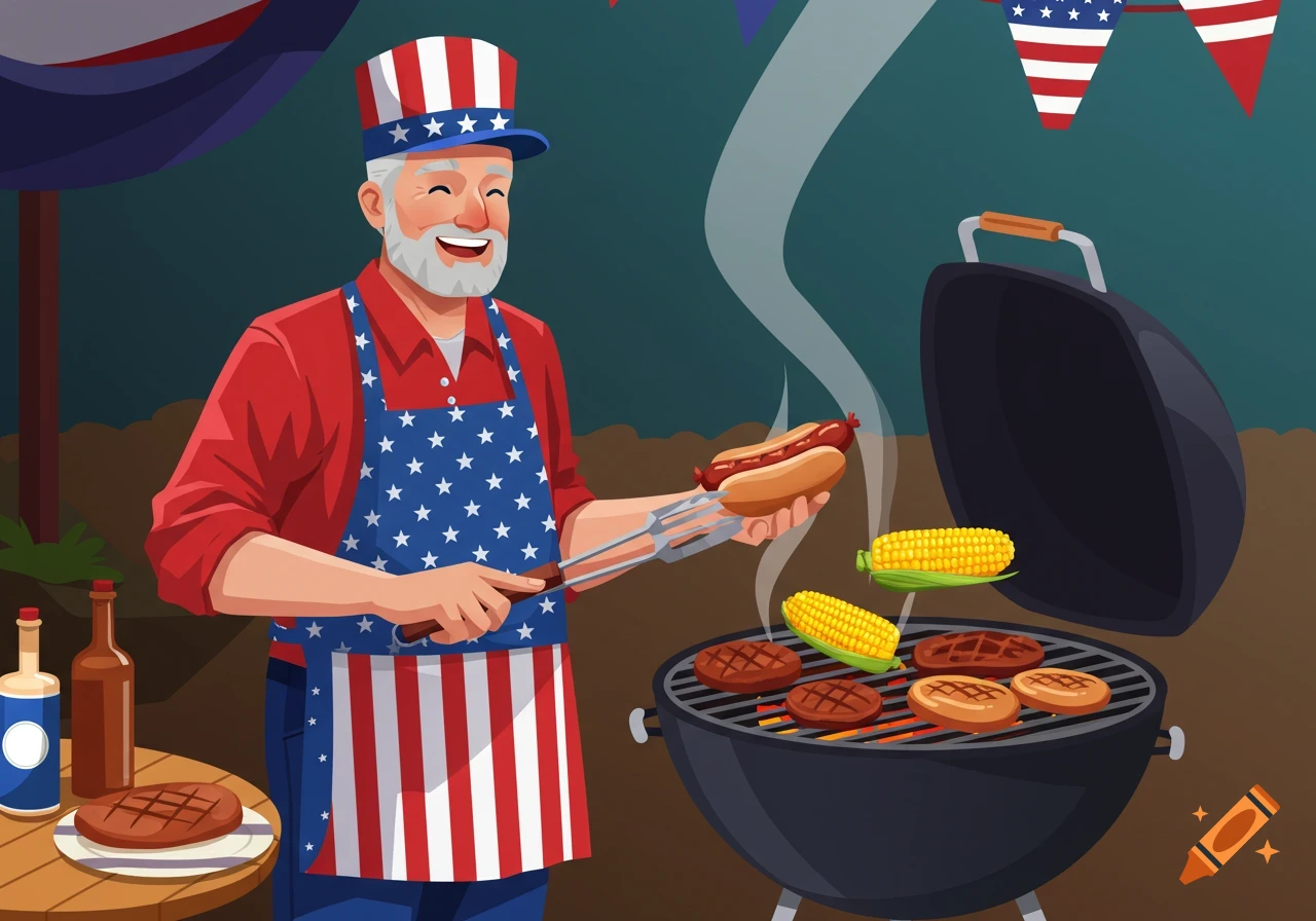 An illustration of a smiling man in a Uncle Sam hat and patriotic apron grilling hot dogs, burgers, and corn on a BBQ.