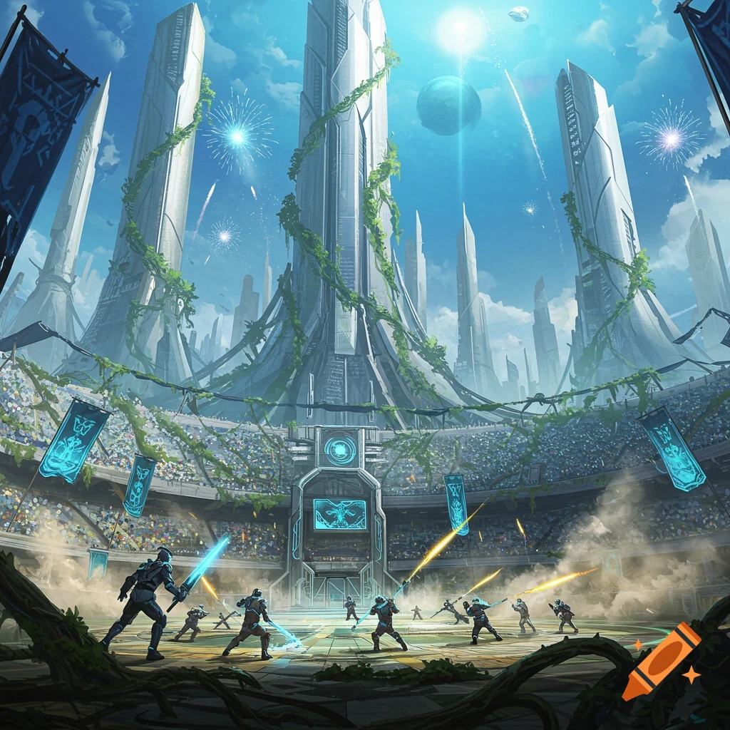 A futuristic cityscape arena with towering skyscrapers wrapped in vines, a crowd of spectators, and combatants battling with glowing weapons on the arena floor under a bright blue sun and fireworks.